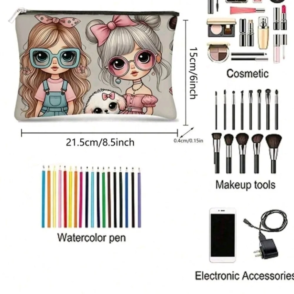 Kawaii Cute Girls Print Cosmetic Bag Zip Pouch Purse